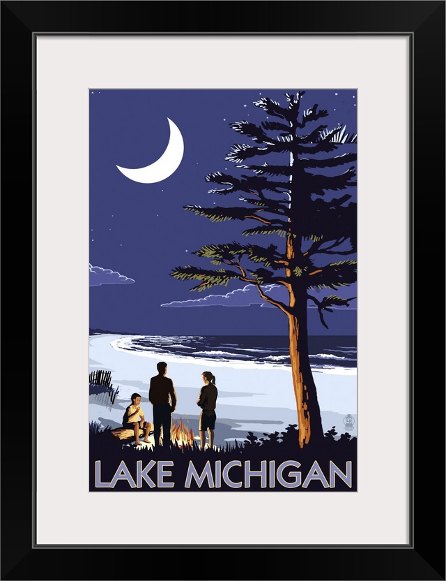 Retro stylized art poster of people on a beach at night, with large crescent moon in the sky.