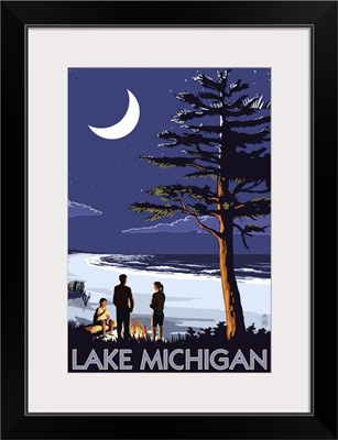 Lake Michigan - Bonfire at Night Scene: Retro Travel Poster