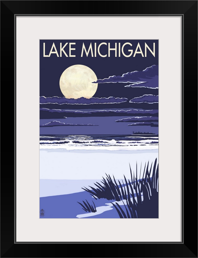 Retro stylized art poster of a deserted beach at night with a large full moon over the ocean.