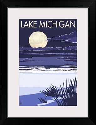 Lake Michigan - Full Moon Night Scene: Retro Travel Poster