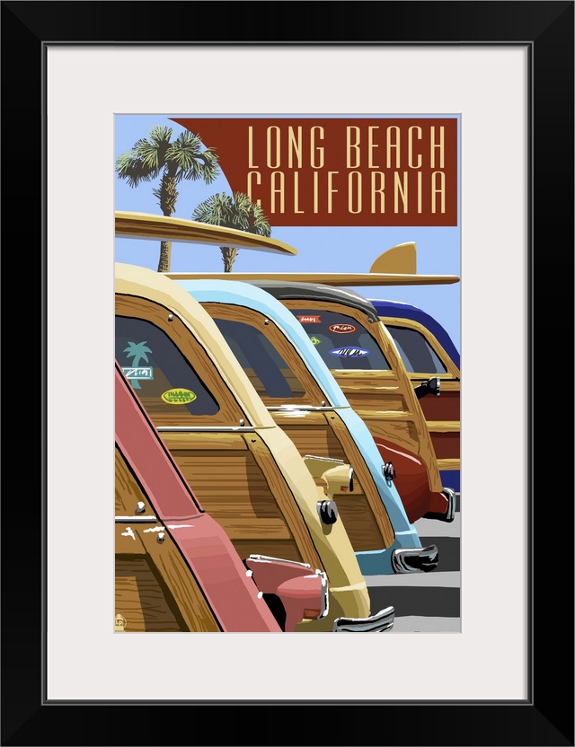 Long Beach, California - Woodies Lined Up: Retro Travel Poster