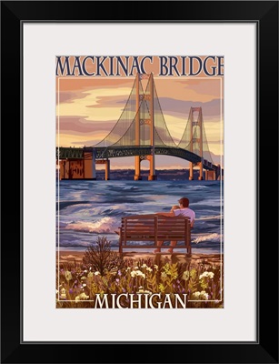 Mackinac Bridge and Sunset, Michigan: Retro Travel Poster