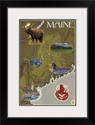 Maine Map and Icons: Retro Travel Poster