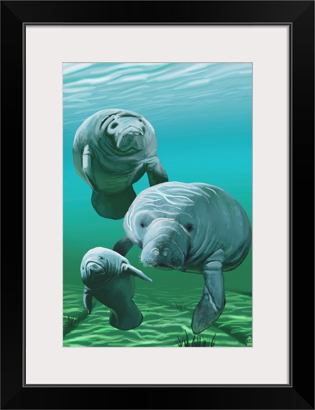 Retro stylized art poster of manatees floating in a gentle green sea.