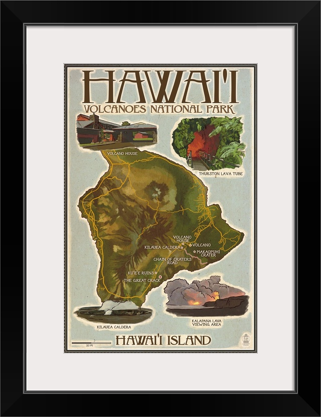 Map of Hawaii - Hawaii Volcanoes National Park: Retro Travel Poster