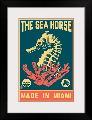 Miami, Florida, Seahorse Woodblock (Blue and Pink)