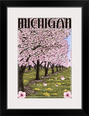 Michigan - Cherry Orchard in Blossom: Retro Travel Poster