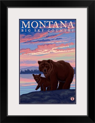 Montana - Bear and Cub: Retro Travel Poster