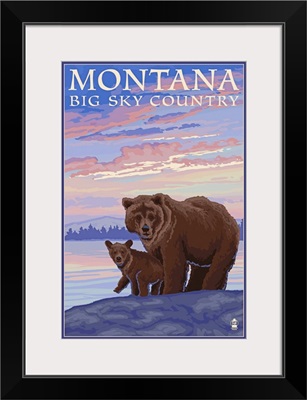 Montana - Big Sky Country - Bear and Cub: Retro Travel Poster