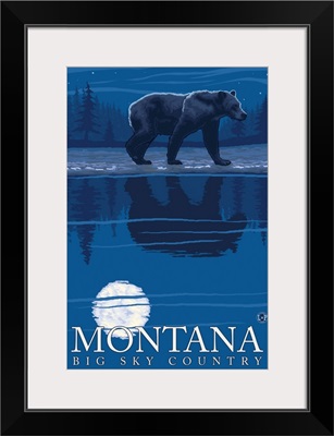 Montana, Big Sky Country - Bear in Moonlight: Retro Travel Poster