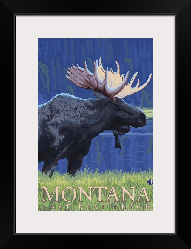 Montana, Last Best Place - Moose at Night: Retro Travel Poster