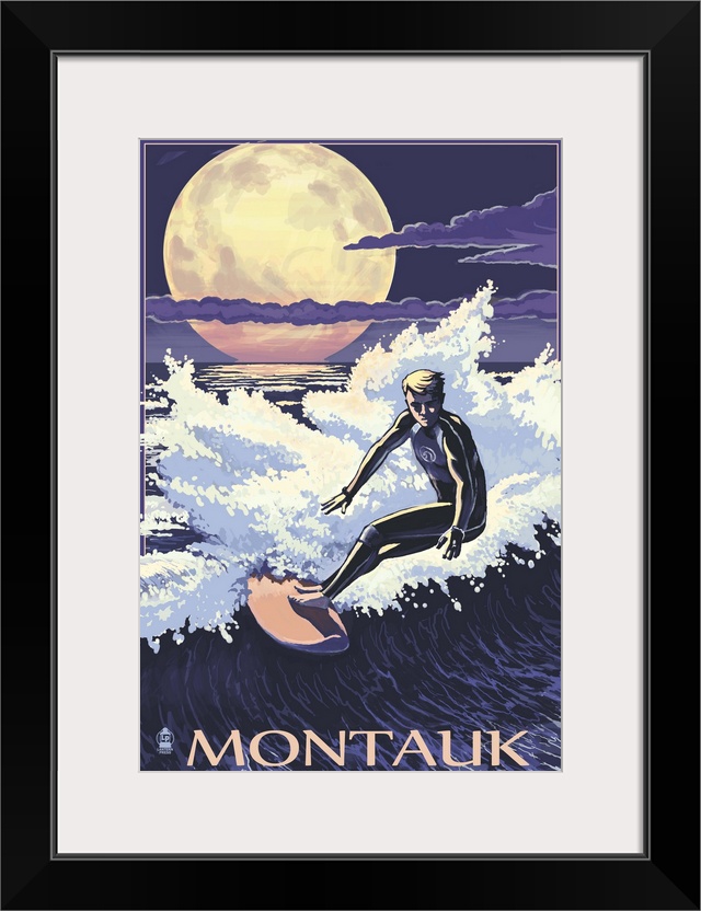 Retro stylized art poster of a surfer riding a wave at night, with a large in the sky.