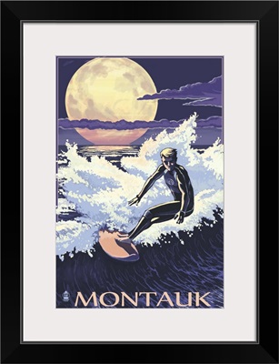 Montauk, New York - Night Surfer: Retro Travel Poster
