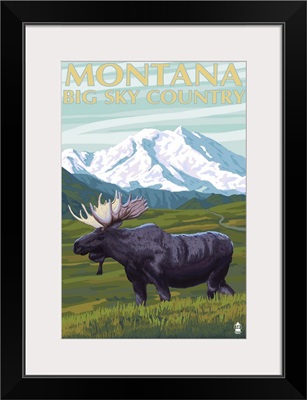 Moose and Mountain - Montana Big Sky Country: Retro Travel Poster