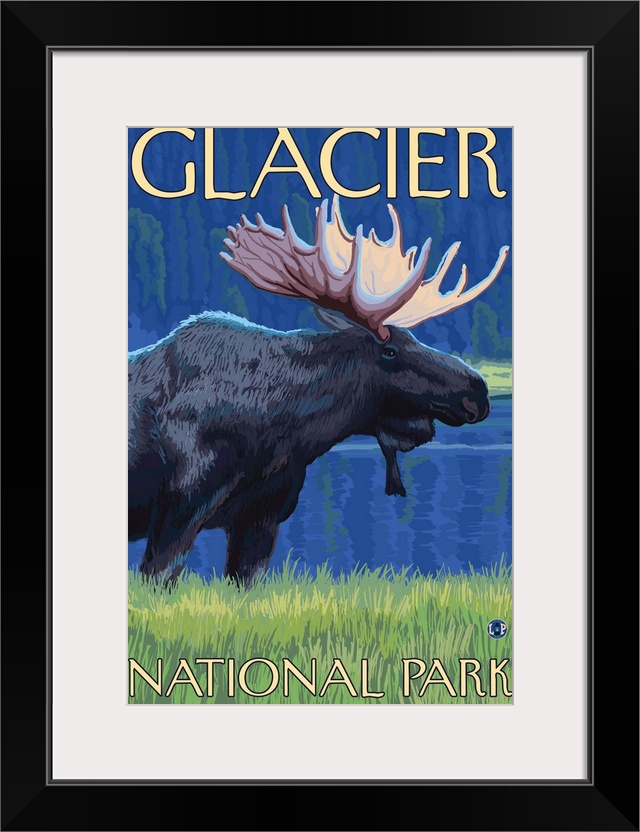 Moose at Night - Glacier National Park, Montana: Retro Travel Poster