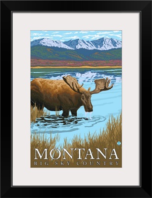 Moose Drinking at Lake - Montana: Retro Travel Poster