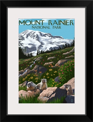 Mount Rainier National Park, Marmot In A Wildflower Field: Retro Travel Poster