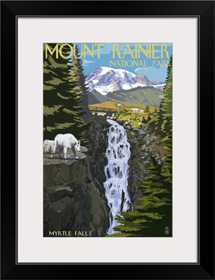 Mount Rainier National Park - Myrtle Falls and Mountain Goats: Retro Travel Poster