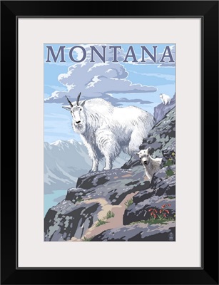 Mountain Goat and Kid - Montana: Retro Travel Poster