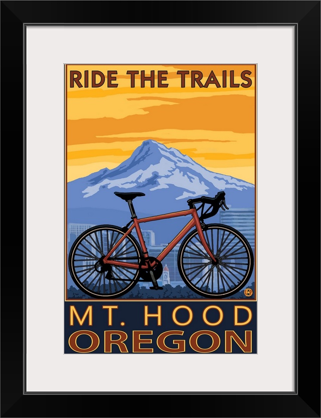 Retro stylized art poster of a mountain bike, with a city skyline and mountain in the background.