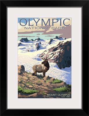 Mt. Olympus and Elk - Olympic National Park, Washington: Retro Travel Poster