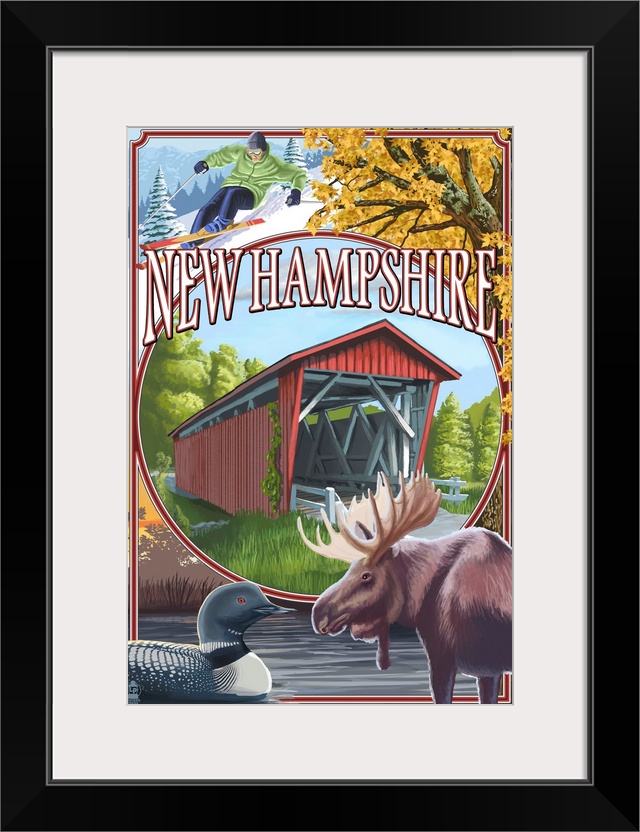 Retro stylized art poster of a covered bridge, with a moose and loons in the bottom corners of the image.