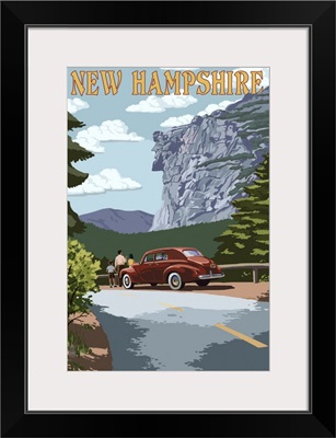 New Hampshire - Old Man of the Mountain and Roadway: Retro Travel Poster