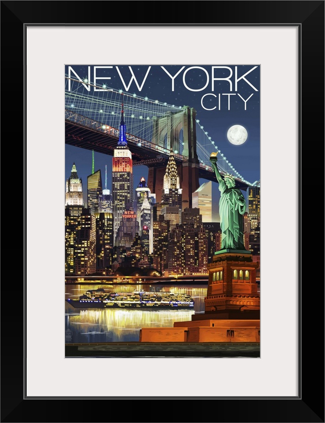 New York City, NY - Skyline at Night: Retro Travel Poster