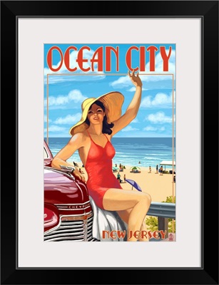 Ocean City, New Jersey - Woman Waving: Retro Travel Poster