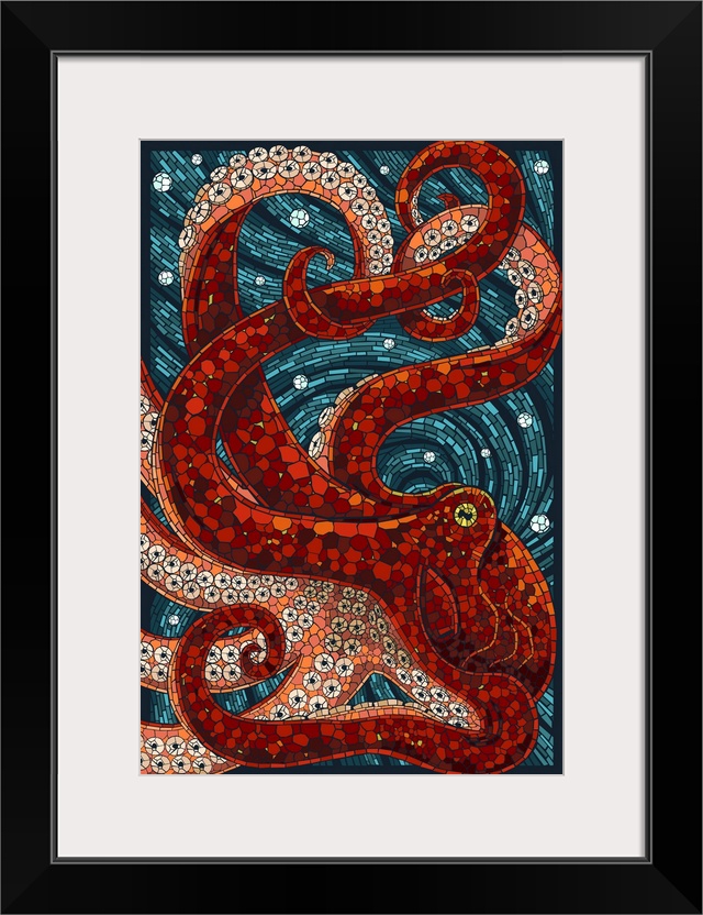 An intricately flowing mosaic-style image of a large red octopus fills the entire picture. Complimented by a dark teal mos...