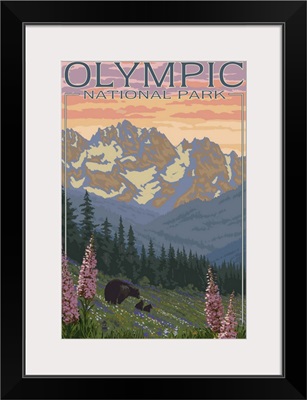 Olympic National Park - Bear Family and Spring Flowers: Retro Travel Poster