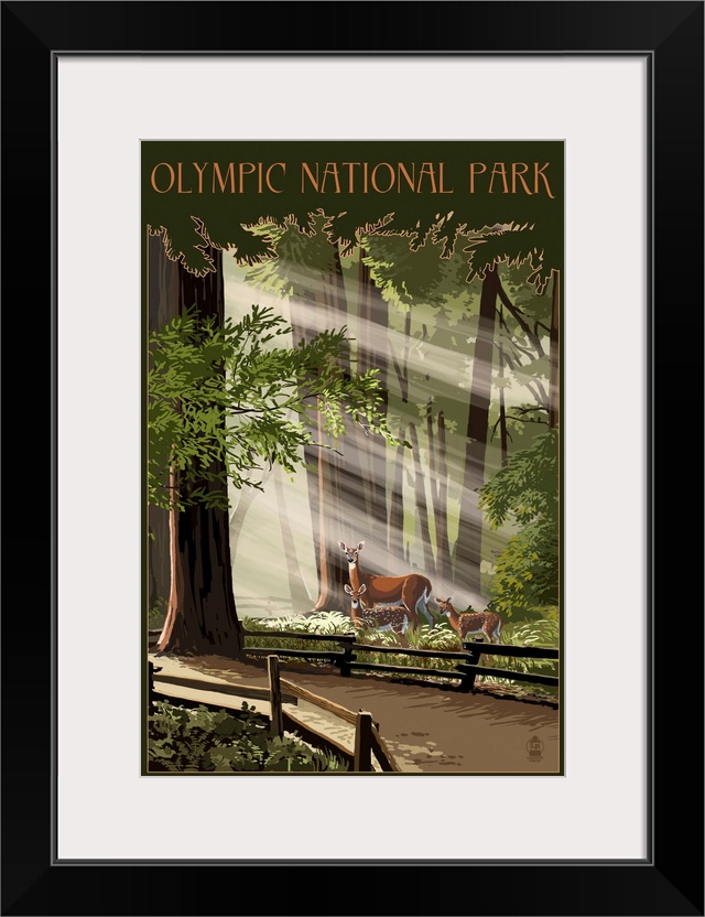 Olympic National Park, Deer And Fawns: Retro Travel Poster