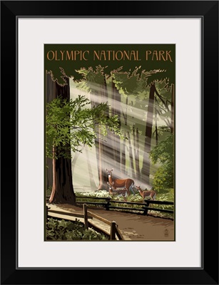 Olympic National Park, Deer And Fawns: Retro Travel Poster