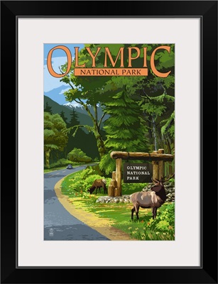 Olympic National Park, Elks Grazing: Retro Travel Poster