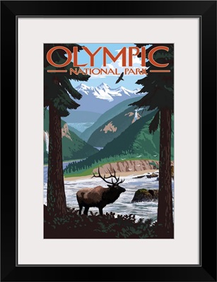 Olympic National Park, Moose In Wilderness: Retro Travel Poster