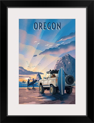 Oregon - Lithograph - Surfers on Beach