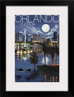 Orlando, Florida - Skyline at Night: Retro Travel Poster