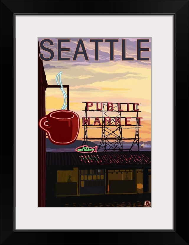 Pike Place Market - Sign and Water: Retro Travel Poster