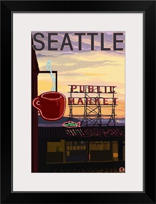 Pike Place Market - Sign and Water: Retro Travel Poster