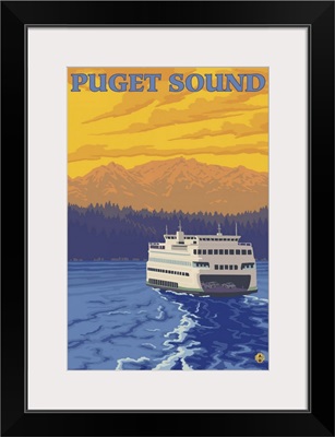 Puget Sound - Ferry and Mountains: Retro Travel Poster