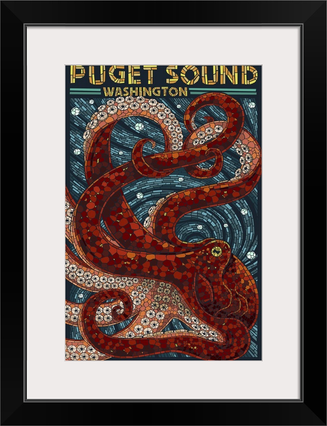 Puget Sound, Washington - Octopus Mosaic: Retro Travel Poster