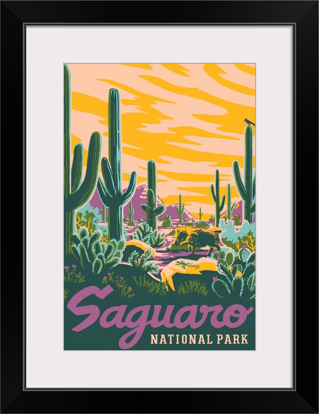 Saguaro National Park, Jewel Toned Landscape: Graphic Travel Poster