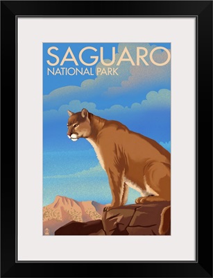 Saguaro National Park, Mountain Lion: Retro Travel Poster