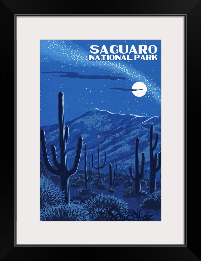 Saguaro National Park, Night Desert: Retro Travel Poster