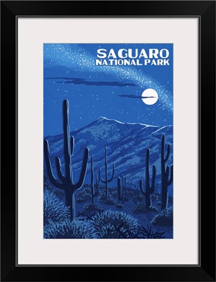 Saguaro National Park, Night Desert: Retro Travel Poster