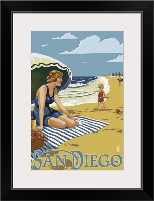 San Diego, California - Beach Scene: Retro Travel Poster
