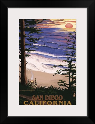 San Diego, California - Ocean and Sunset: Retro Travel Poster