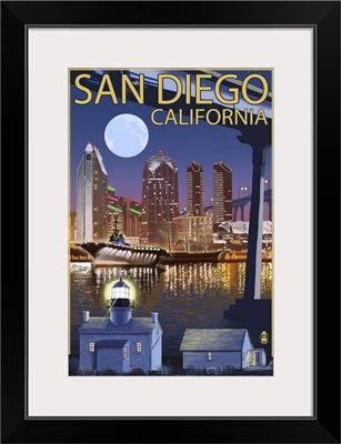 San Diego, California - Skyline at Night: Retro Travel Poster