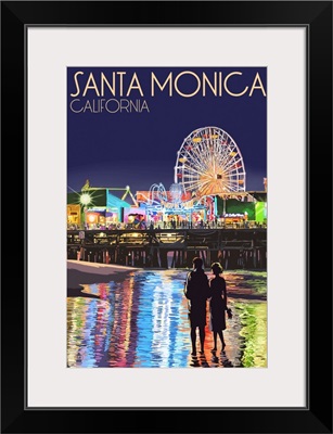 Santa Monica, California - Pier at Night: Retro Travel Poster