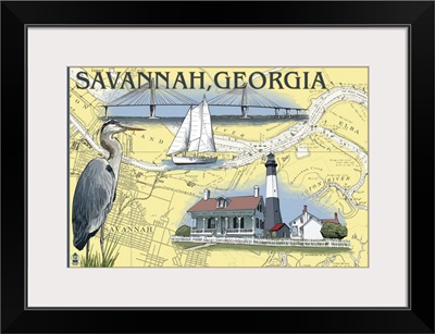 Savannah, Georgia - Nautical Chart: Retro Travel Poster